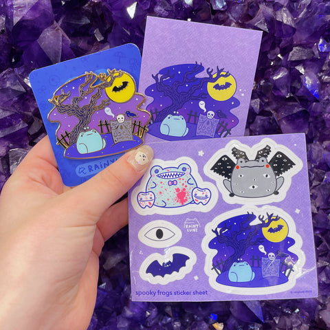 Spooky Frogs Pin + Sticker Pack - September Patreon 2022