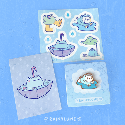 Rainy Day Frogs Pin + Sticker Pack - March Patreon Pins